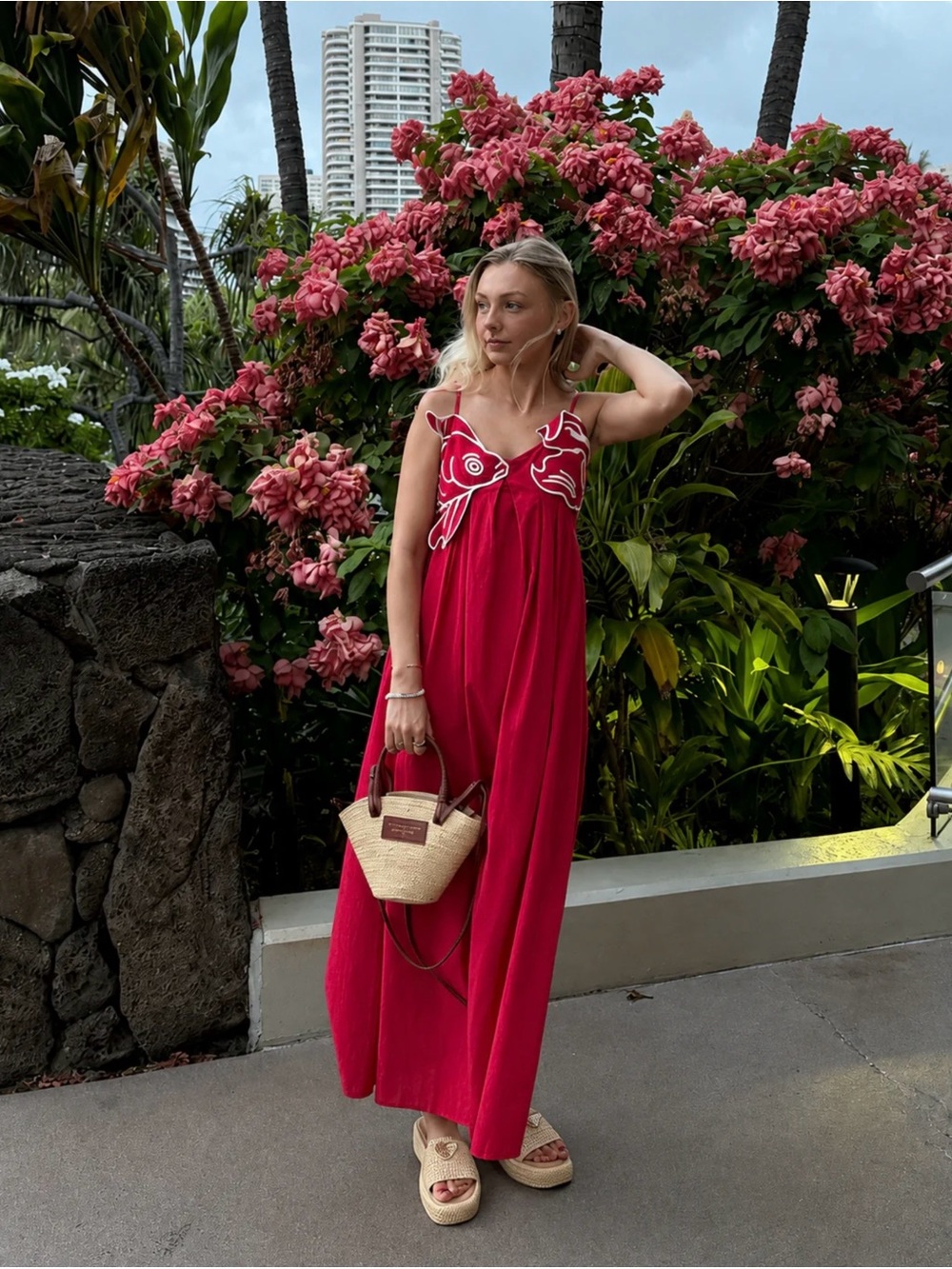 Commense Embroidered Fish Spaghetti-Strap Red Dress - Medium